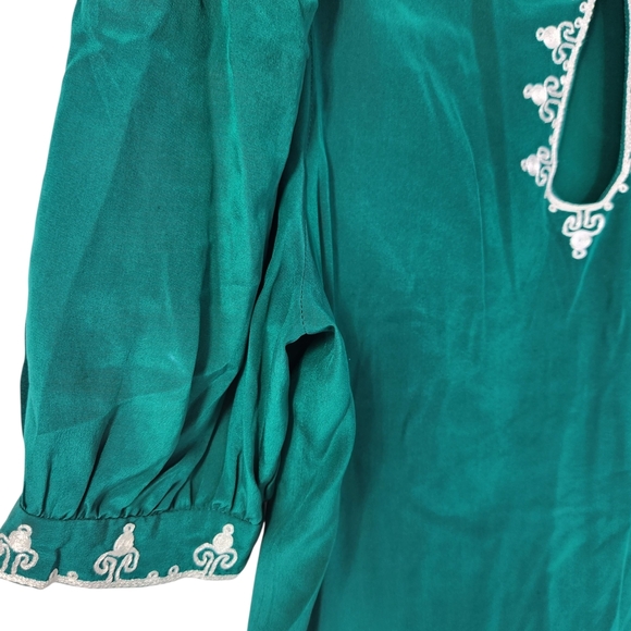 Miss D By Oscar de la Renta Emerald Silk Blouse White Embroidery Vintage 8 - Picture 9 of 12
